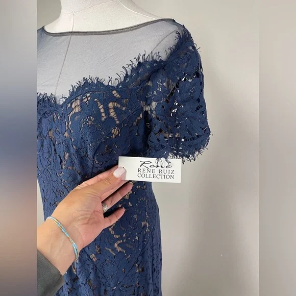 NWT Rene Ruiz Illusion Lace Floral Gown Navy Blue Size 6 - Picture 15 of 16